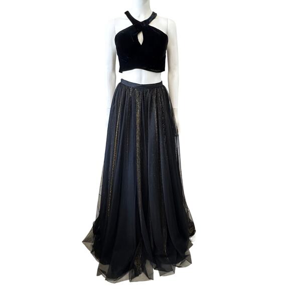 ALYCE PARIS STARRY NIGHT Black Gold Kalani Halter Top Velvet Prom Gown Size S - Picture 3 of 10